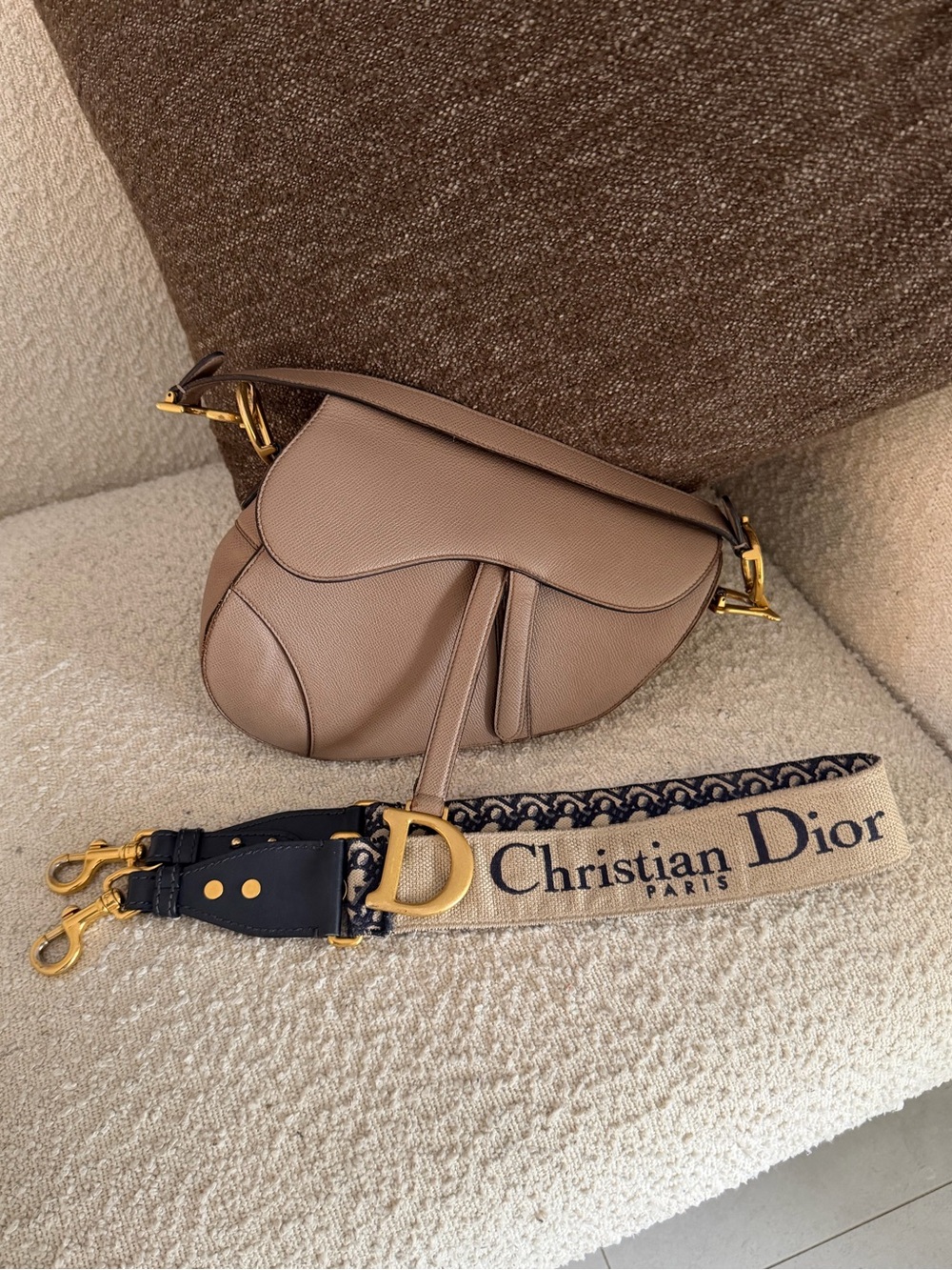 Christian Dior Saddle Bag Taupe Grained Calfskin + Embroidered Strap Authentic